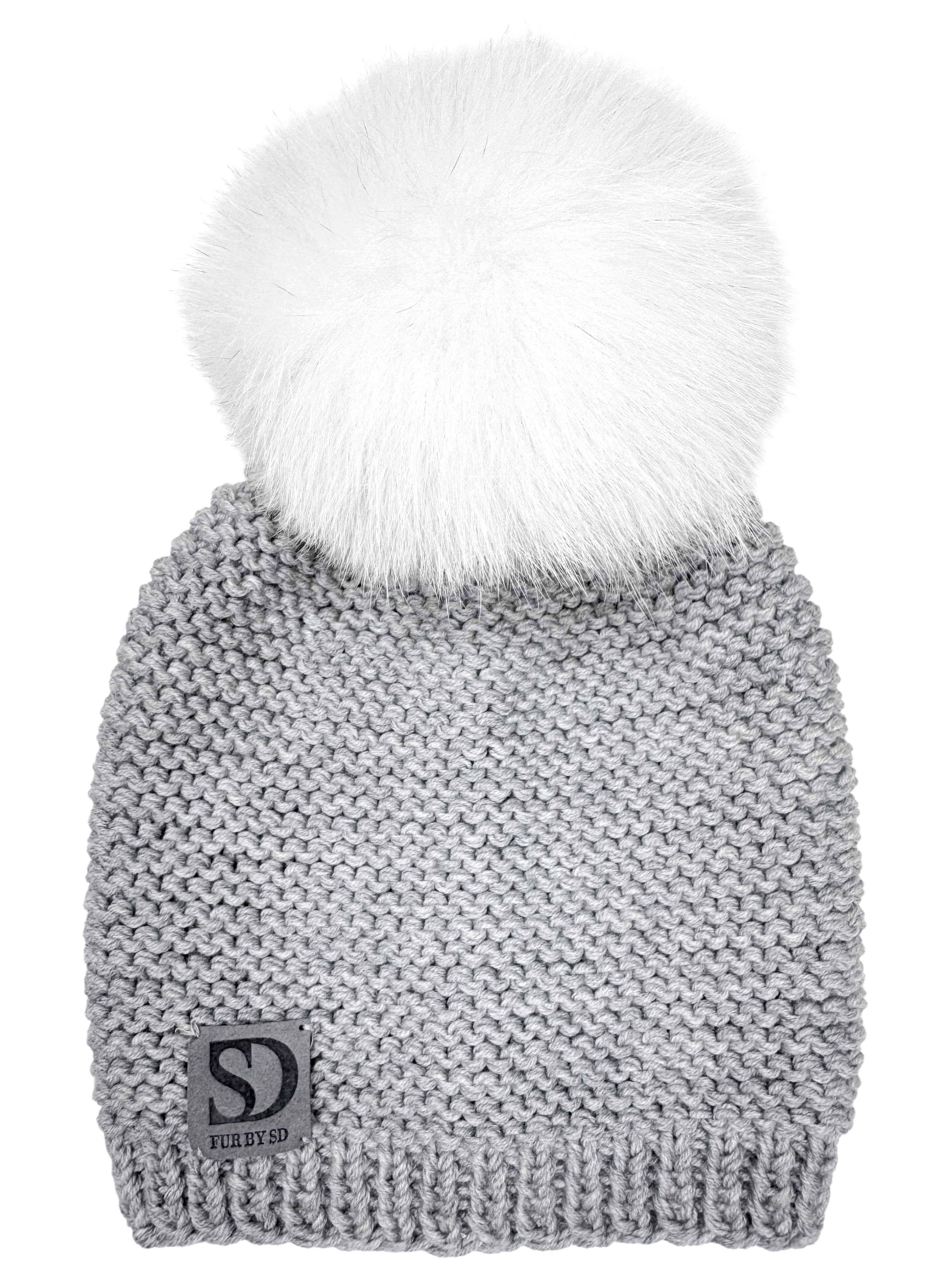 REAL FOX FUR Puff Beanie (Grey Marl) Mink Fur Knit Hat with Fox Pom – Surell Accessories main image 4