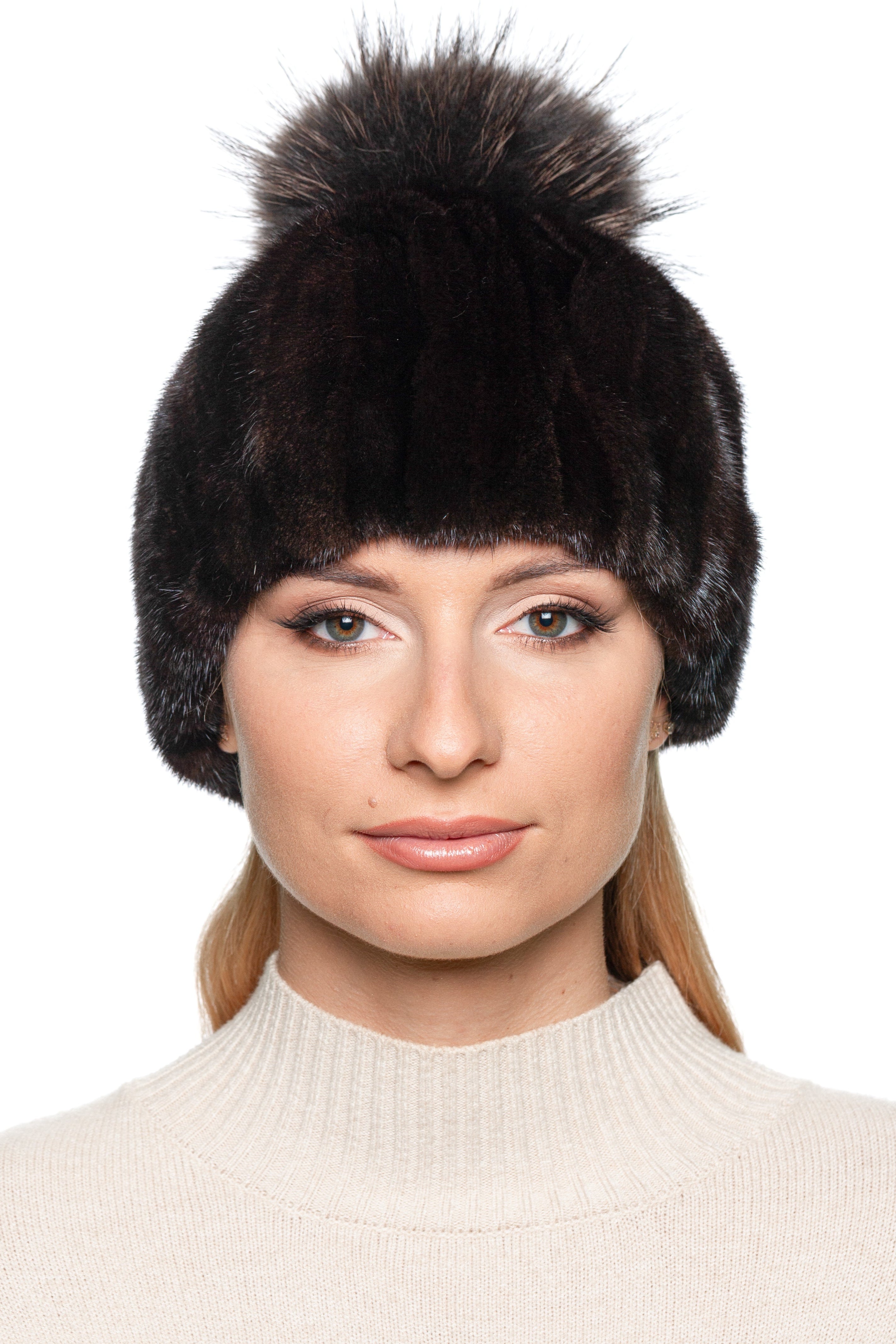 Patched Mink Fur Hat with Fox Pom Pom – Luxury Winter Hat By 
