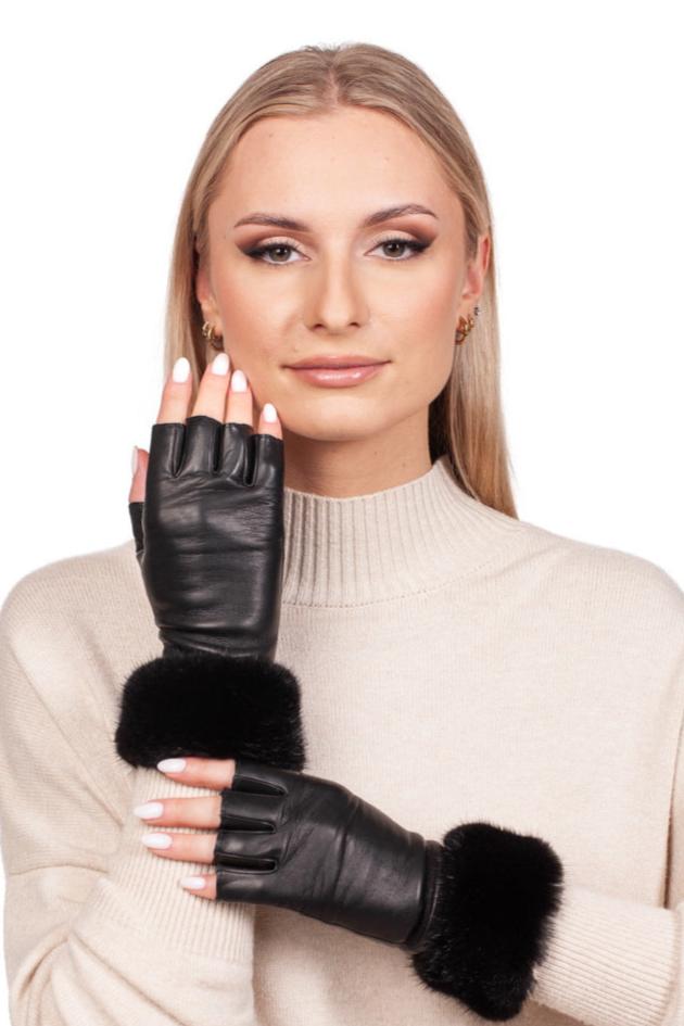 Women's Black Leather Fingerless Gloves with Mink Fur Trim XS Black