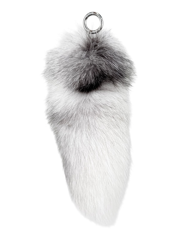 Elegant white fox fur handbag charm with natural silver-black accents — real fur keychain for purses, luxury winter fashion, and gift ideas.