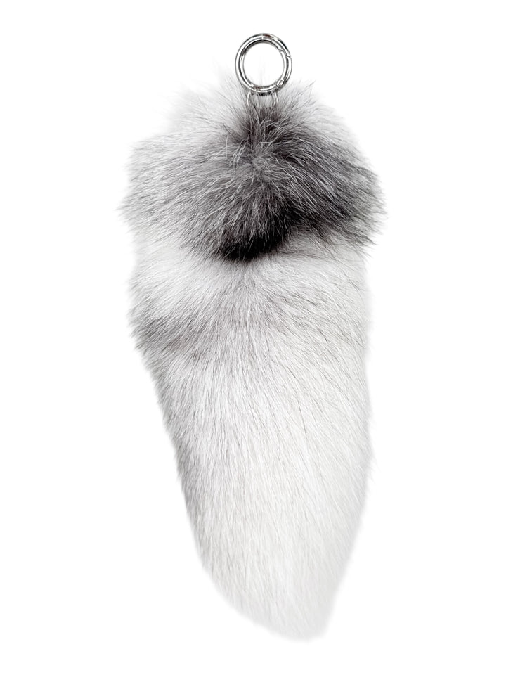 Elegant white fox fur handbag charm with natural silver-black accents — real fur keychain for purses, luxury winter fashion, and gift ideas.