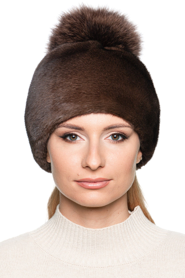 Front view of elegant brown mink fur hat with matching fox fur pom pom, handmade luxury real fur winter beanie for women by FurbySD.