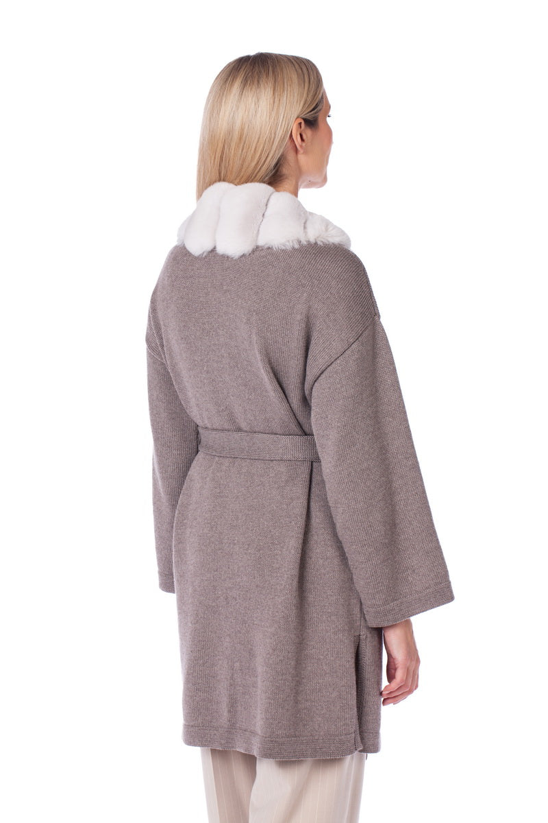 Chinchilla Fur Trim Beige Cashmere Cardigan