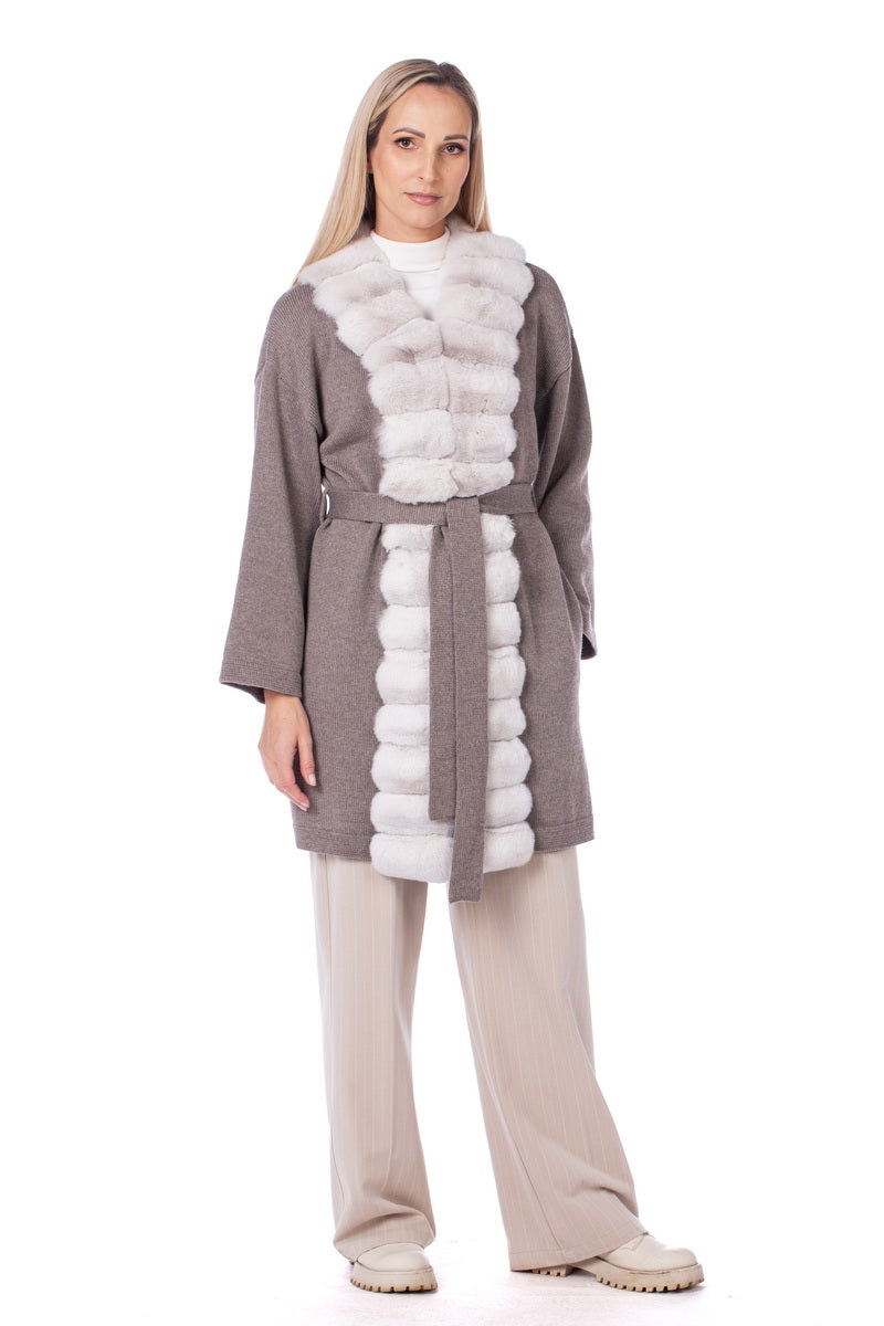 Chinchilla Fur Trim Beige Cashmere Cardigan