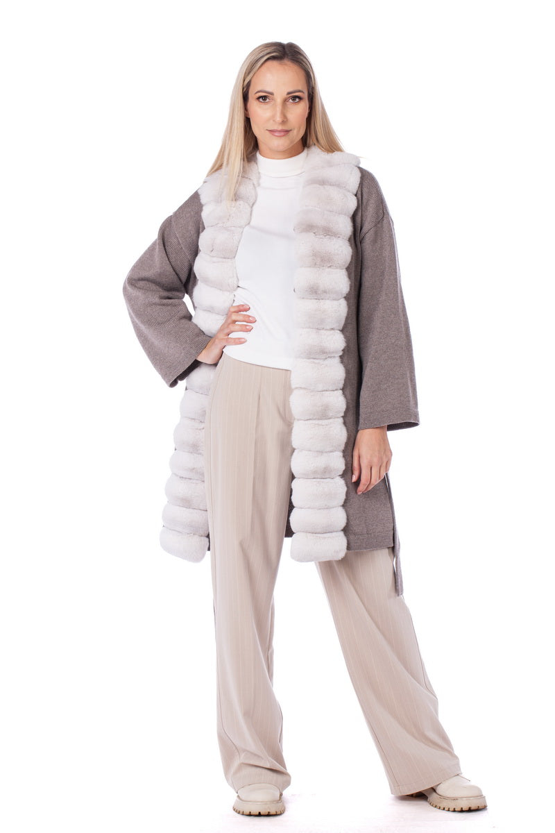 Chinchilla Fur Trim Beige Cashmere Cardigan