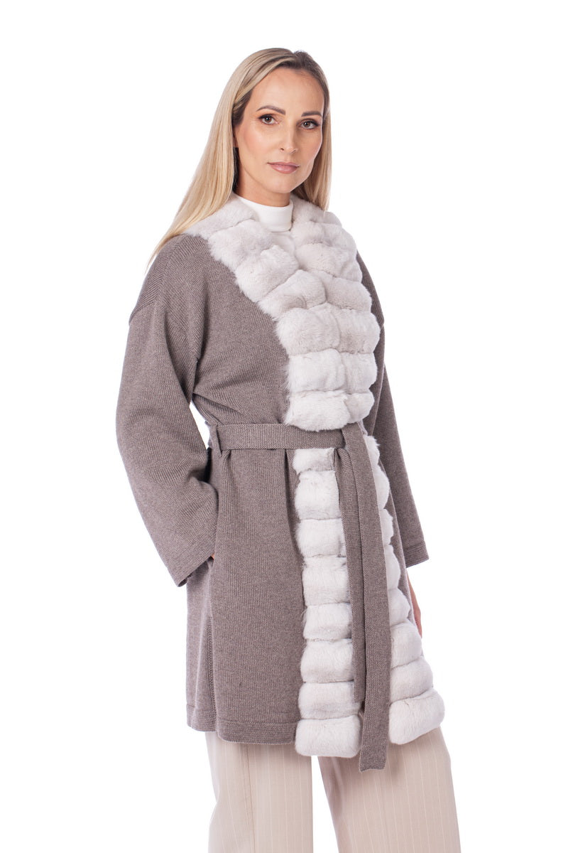 Chinchilla Fur Trim Beige Cashmere Cardigan