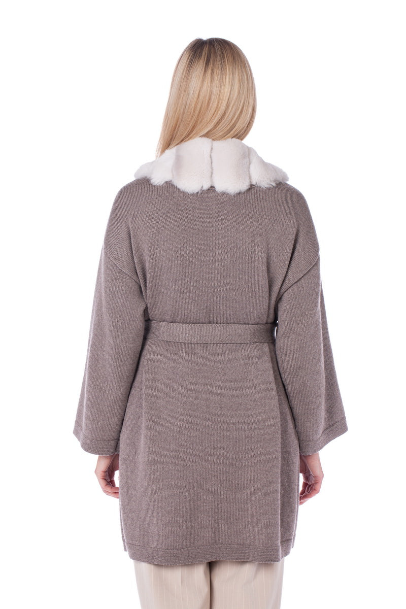 Chinchilla Fur Trim Beige Cashmere Cardigan