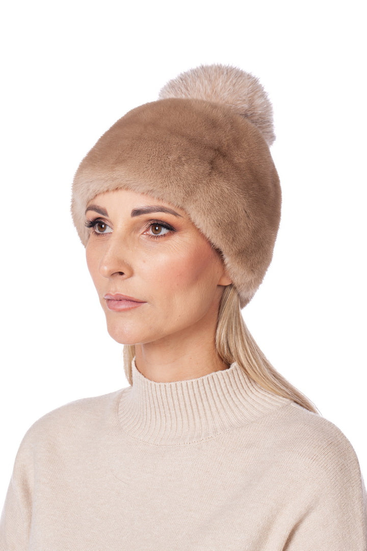 Beige Mink Fur Hat With Beige Fox Fur Pom Pom