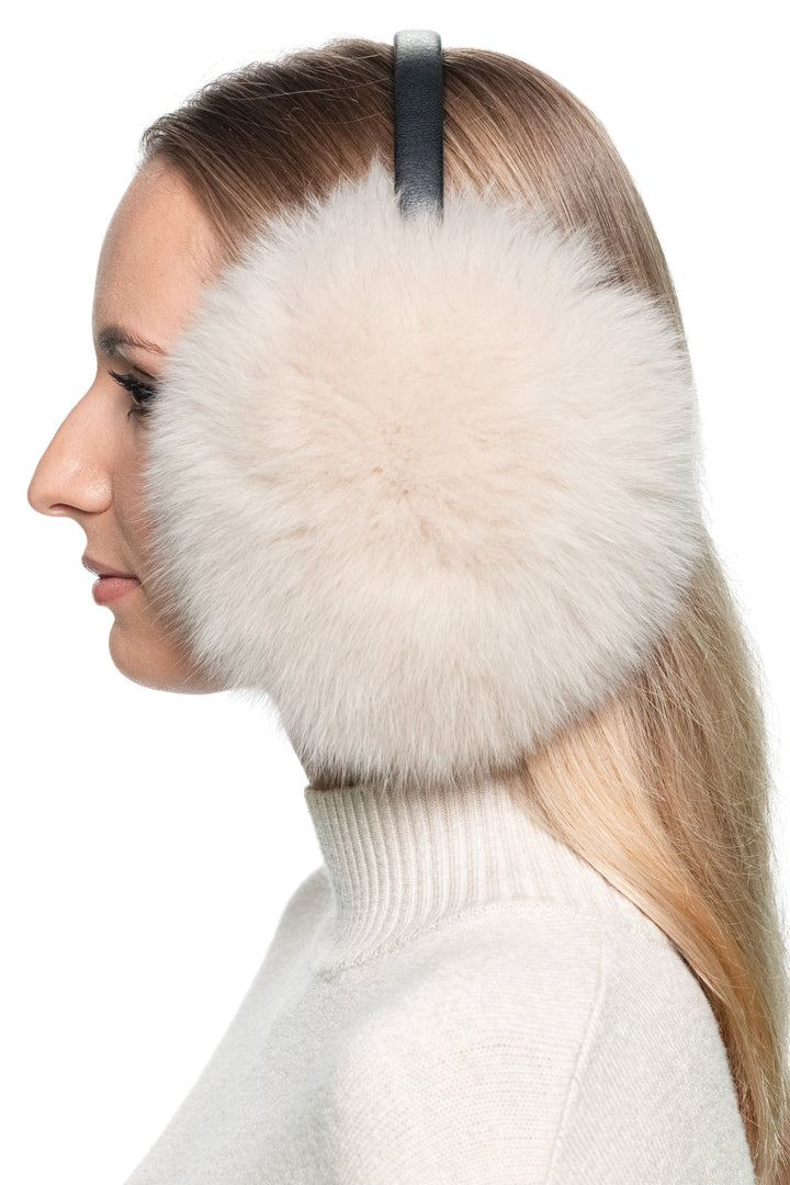 Luxury beige real fox fur earmuffs with adjustable leather headband – cozy fluffy winter ear warmers gift for her.