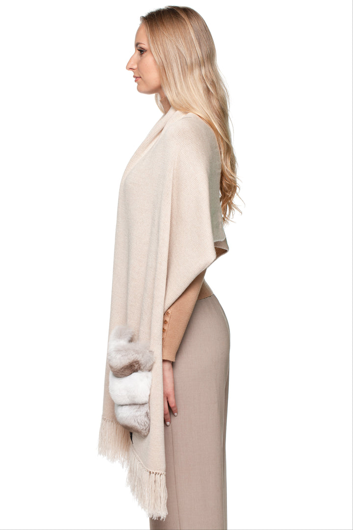 FurbySD beige merino wool shawl styled with belt and chinchilla fur pocket details.