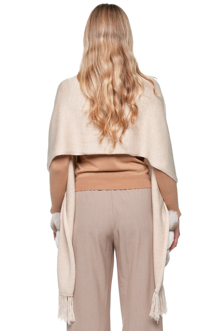 Elegant beige merino wool and chinchilla fur pocket shawl handmade by FurbySD.