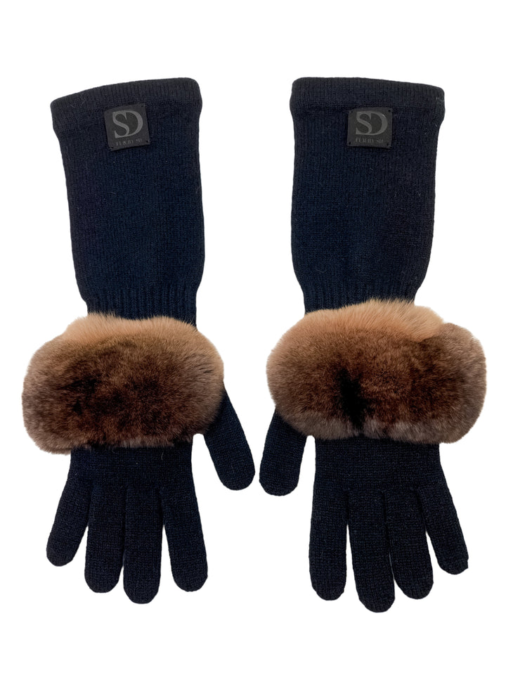 Black Cashmere Gloves With Prolonged Wrist And Chinchilla Fur
