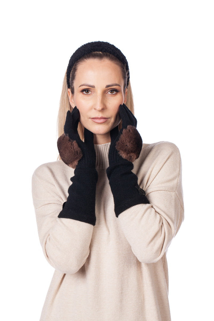 Black Cashmere Wool Gloves With Brown Chinchilla Fur Trim