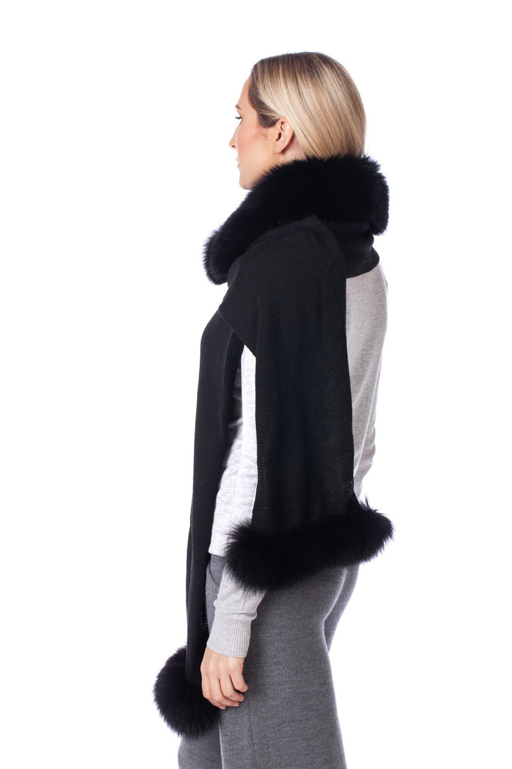 Black Fox Fur Adorned Long Wool Scarf