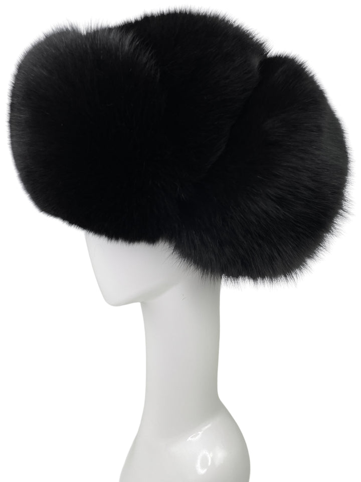 Black Full Fox Fur Ushanka Earflap Hat