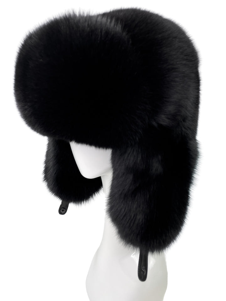 Black Full Fox Fur Ushanka Trapper Hat