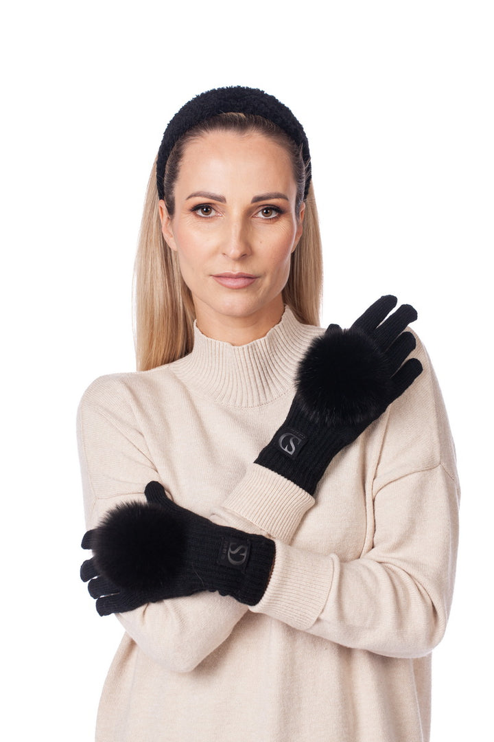 Black FurbySD Merino Wool Knit Gloves With Fox Fur Pom Poms