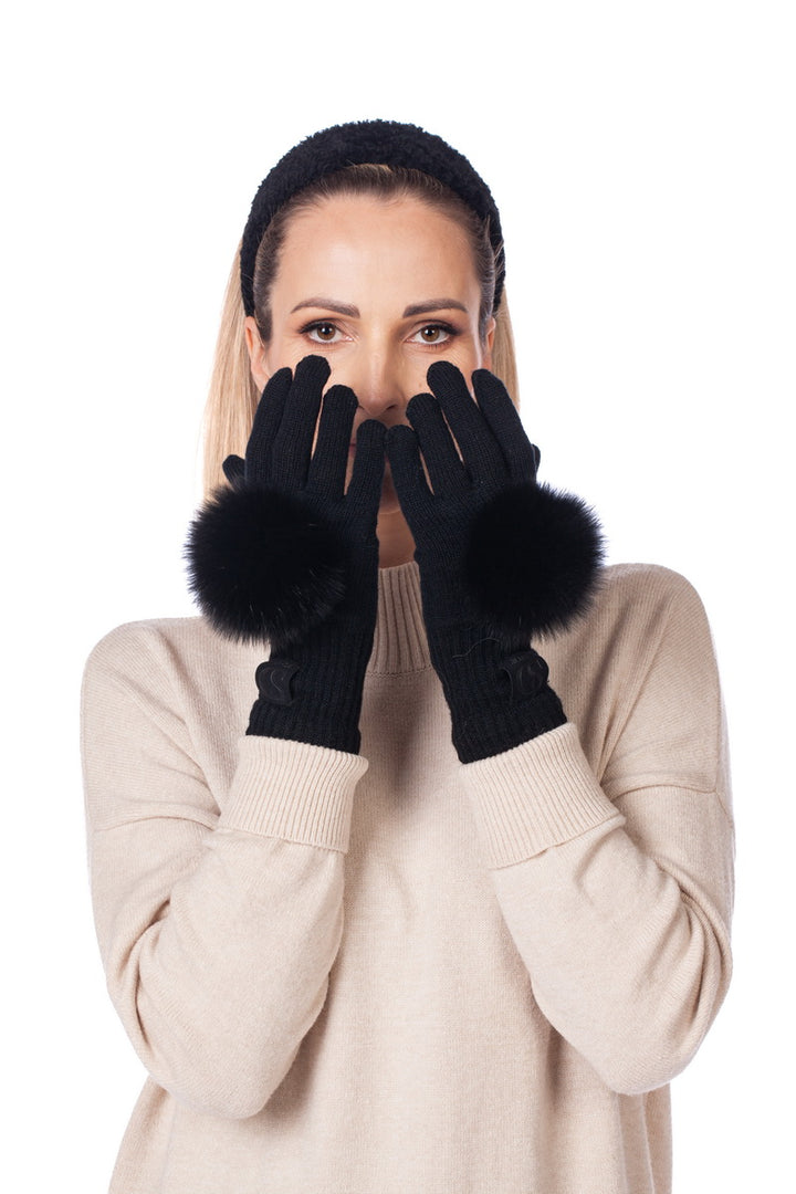Black Knit Gloves With Fox Fur Bobbles