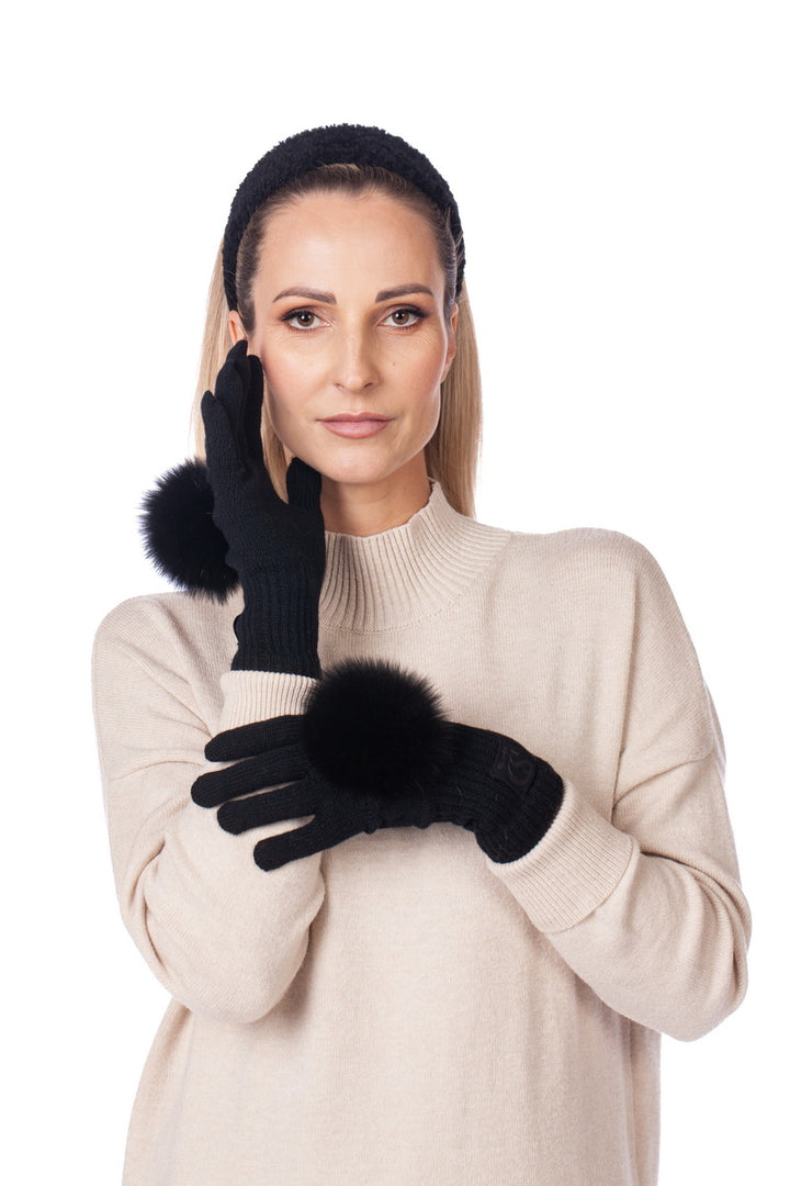 Black Knit Gloves With Fox Fur Pom Poms