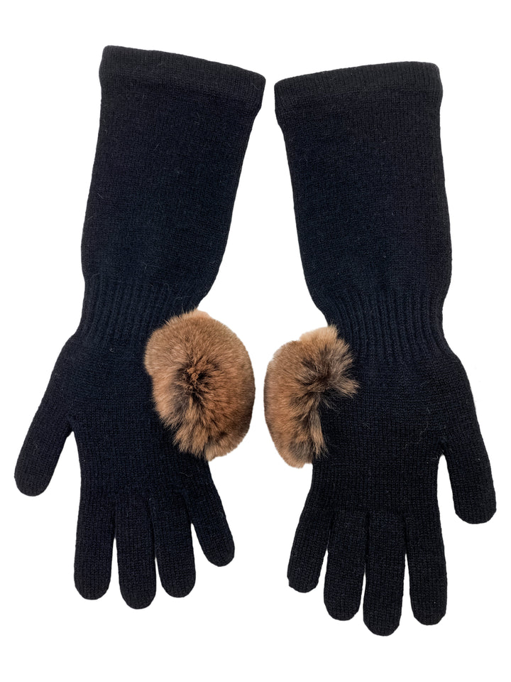 Black Luxurious Cashmere Gloves With Long Wrist And Chinchilla Fur