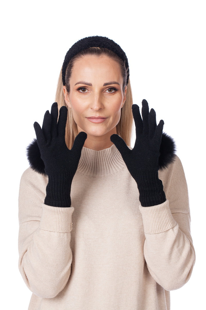 Black Luxury Merino Wool Knit Gloves With Fox Fur Accents
