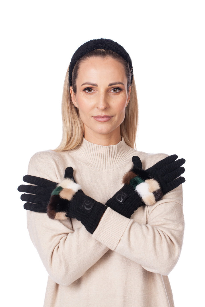 Black Merino Wool Gloves With Checkered Mink Fur