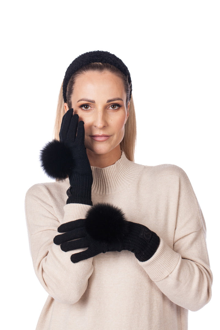 Black Merino Wool Knit Gloves With Fox Fur Pom Poms