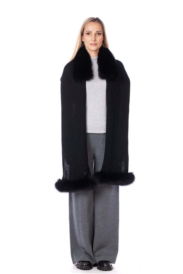 Black Merino Wool Scarf with Detachable Fox Fur Collar