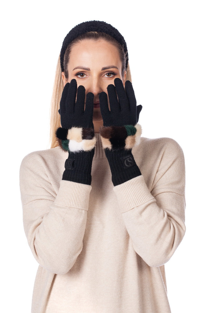 Black Wool Gloves With Checkered Mink Fur