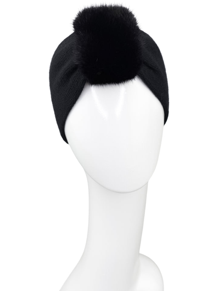Black cashmere and merino wool headband with soft black mink fur center detail, elegant winter accessory on mannequin.