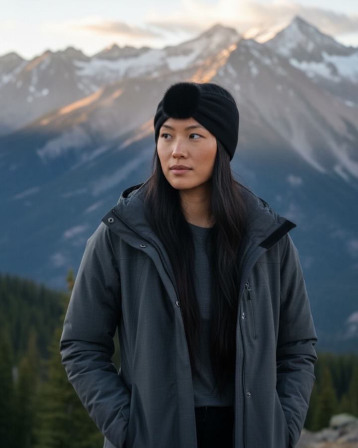 Woman wearing black cashmere headband with mink fur detail in winter mountains, luxury warm ear warmer for outdoor cold weather.