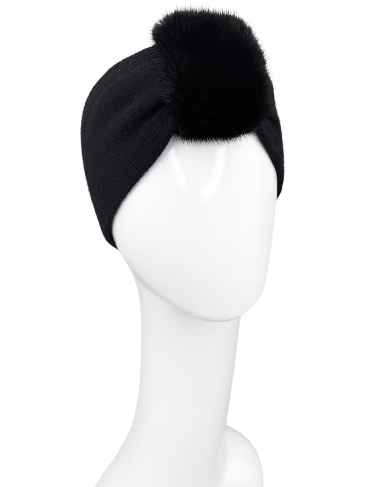 Black cashmere headband with plush mink fur centerpiece, side angle view, handmade luxury winter hair accessory for women.