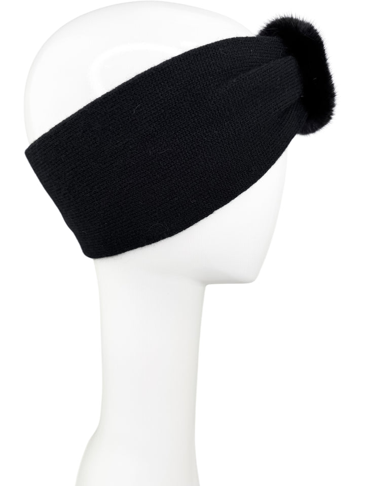 Back view of black cashmere headband showing FurbySD label, premium handmade winter accessory for women.