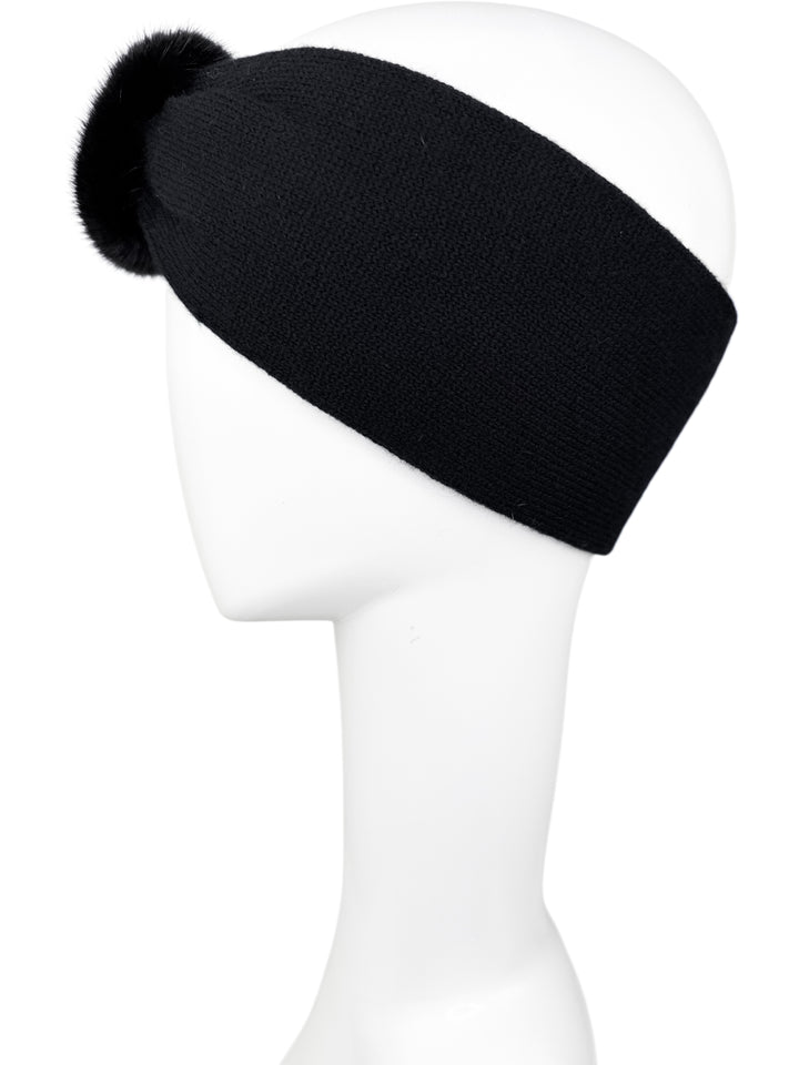 Right profile view black cashmere headband with mink fur pom detail, elegant handmade winter ear band for cold weather.