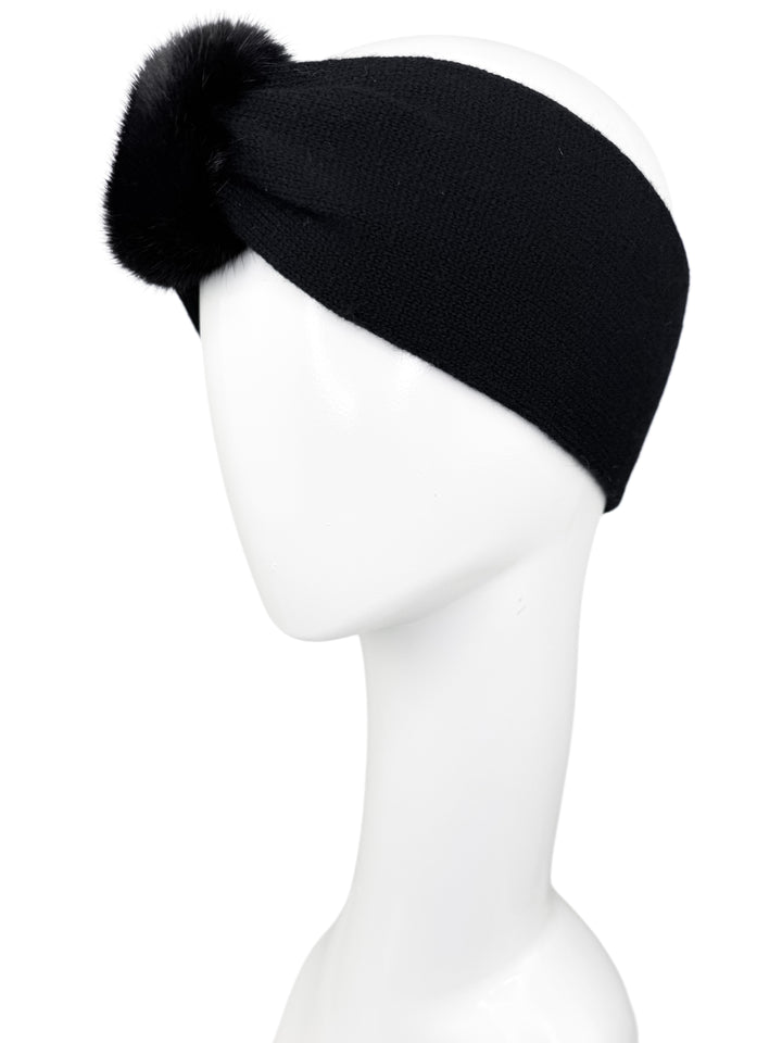 Close-up angled view of black cashmere headband featuring real mink fur center detail, premium winter accessory for women.