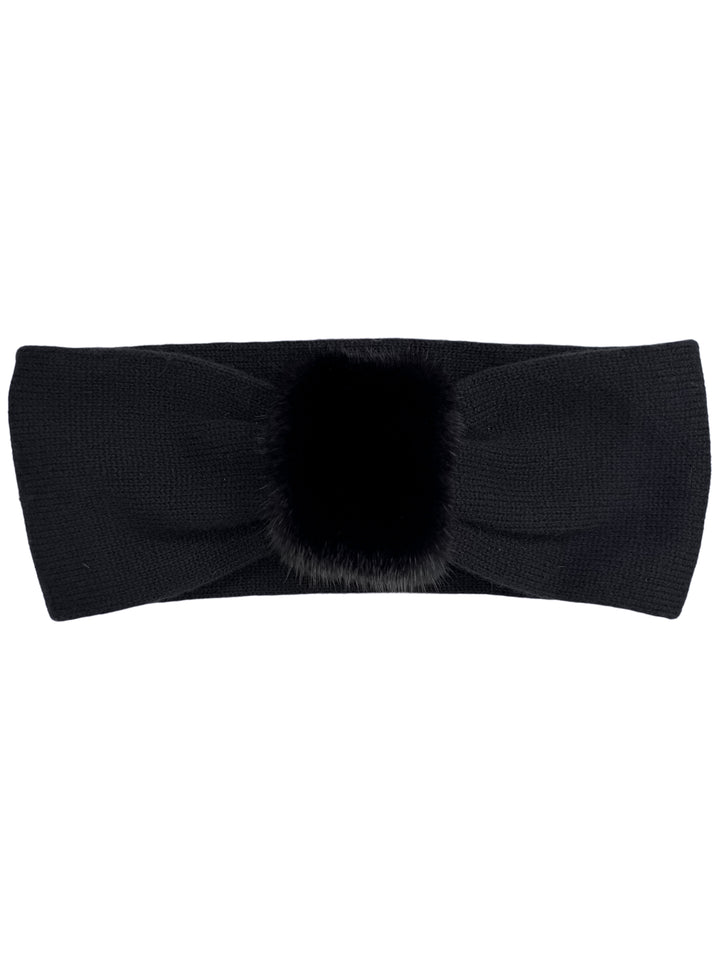 Black cashmere headband with black mink fur detail, flat front view, luxury winter ear warmer for women by FurbySD.