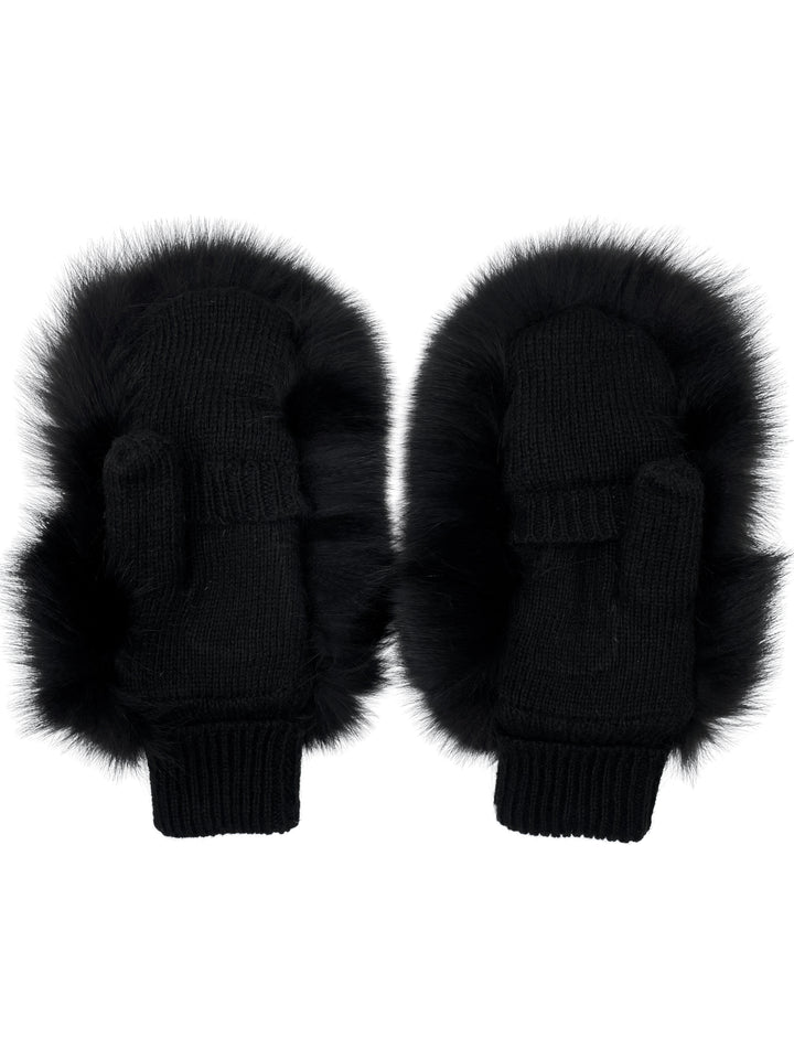 A winter accessory from FurbySD, this pair of black mittens boasts an elegant trim of Black Fox Fur around the outer edges.