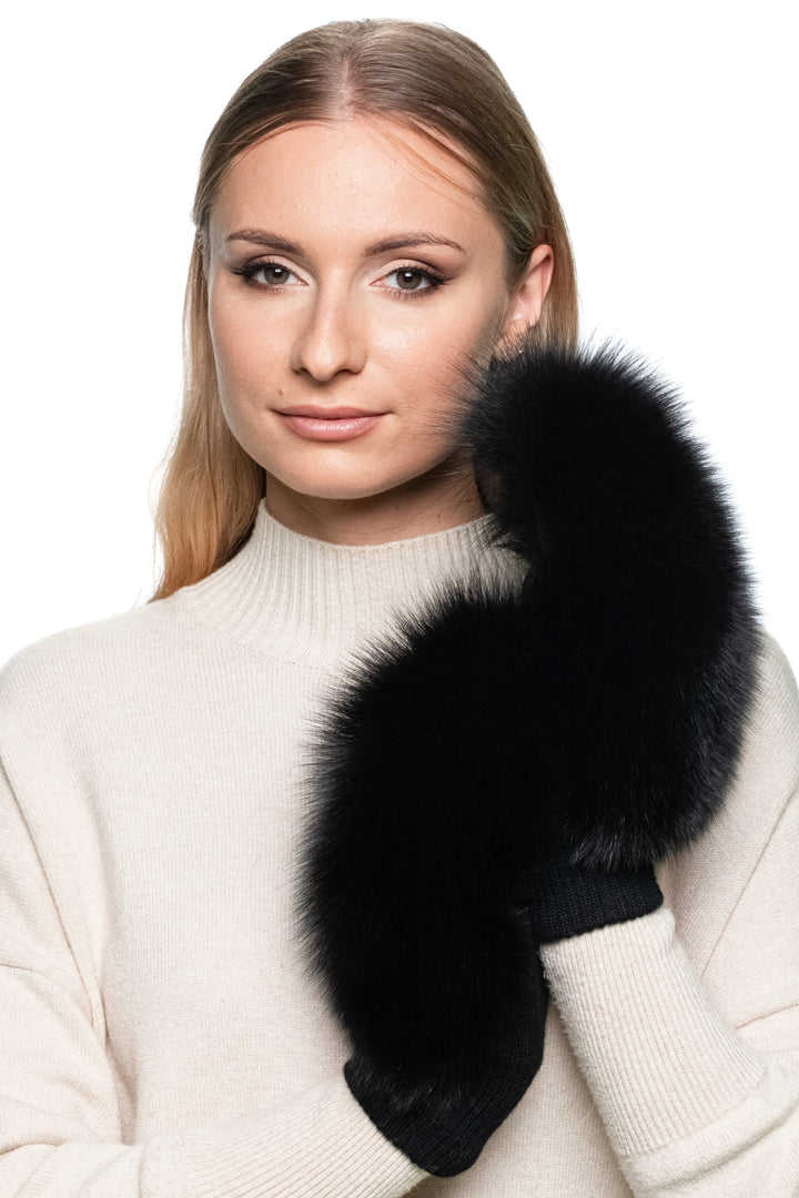 Winter fashion accessory – black fox fur flip top mittens, fingerless and convertible, fluffy warm fur gloves for women, perfect Christmas gift