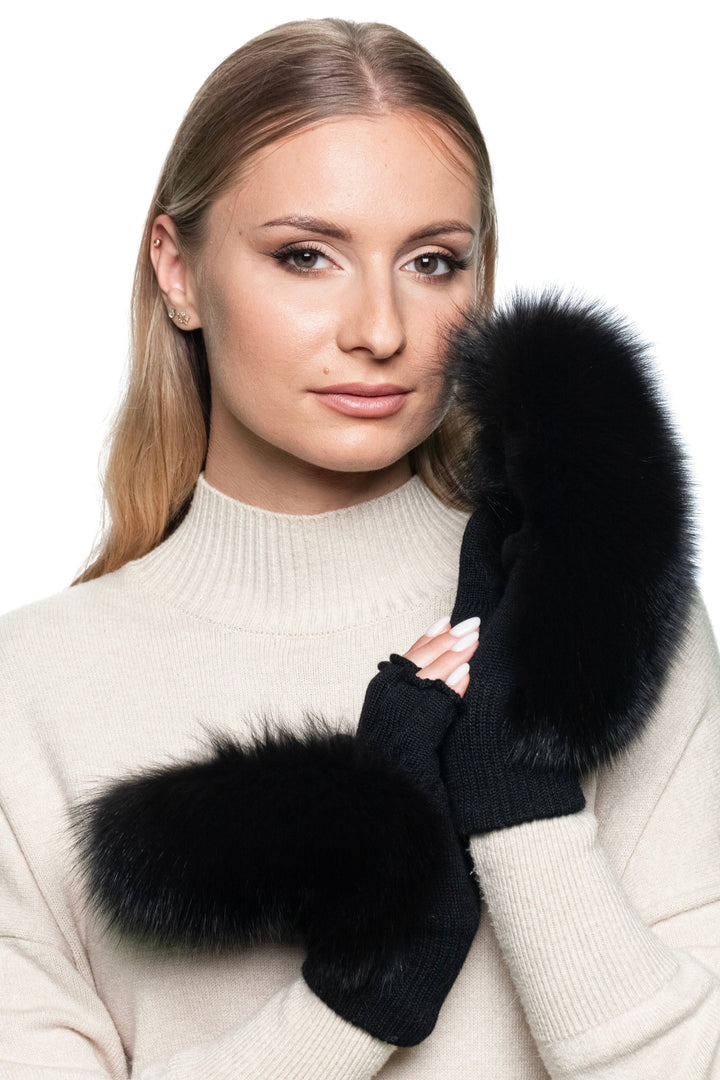 Handmade fox fur and merino wool flip top mittens, fingerless gloves with fluffy black fur trim, stylish and warm winter accessory for women.