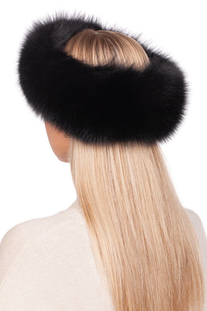 A person with long blonde hair is wearing the FurbySD Black Fox Fur Headband and Mittens, exuding luxury. Seen from behind in a light-colored sweater, they epitomize elegance against a stark white background.