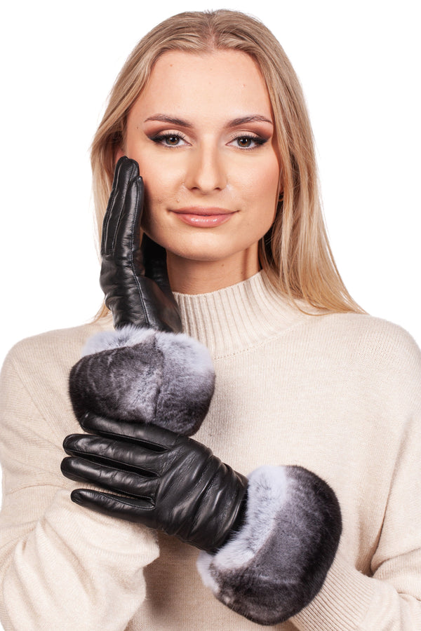 Black Leather Gloves with Chinchilla Fur Trim