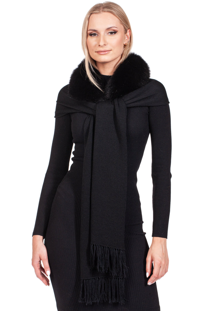 Black Wool Scarf with Detachable Fox Fur Collar Black Wool Scarf with Detachable Fox Fur Collar