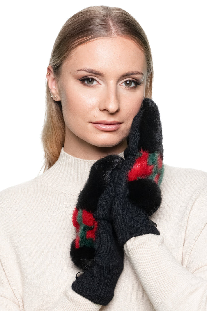 Winter fashion close-up of black mink fur mittens with flip top open design, gucci colors.