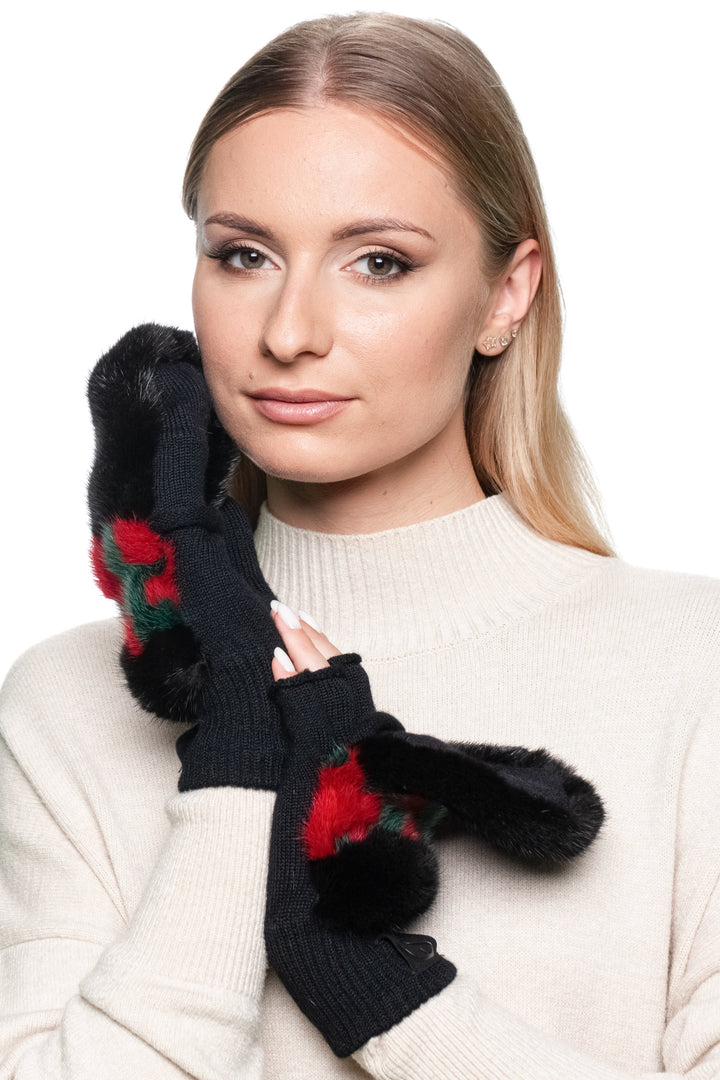 Cozy black mink fur flip top mittens, functional design for texting and driving in winter.