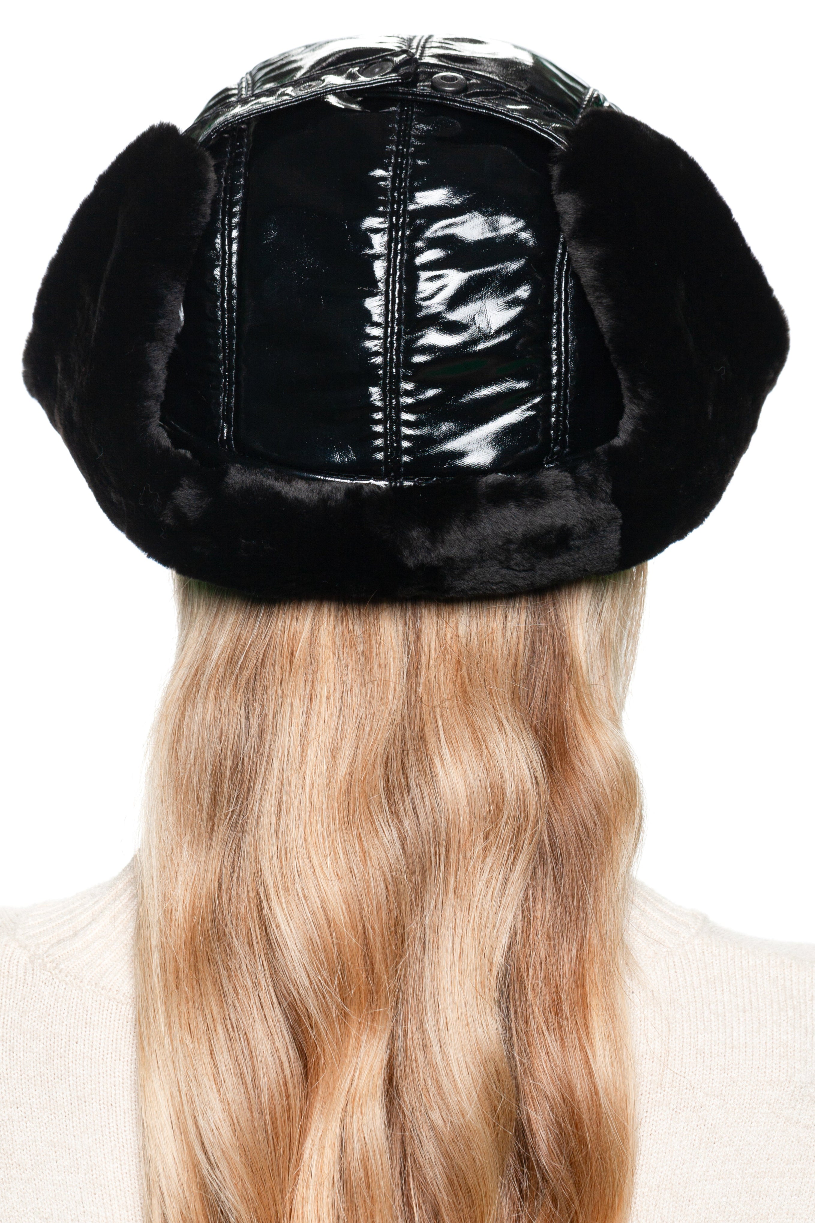 Black Leather & Mouton Fur Earflap Hat – Luxury Women's Winter Trapper
