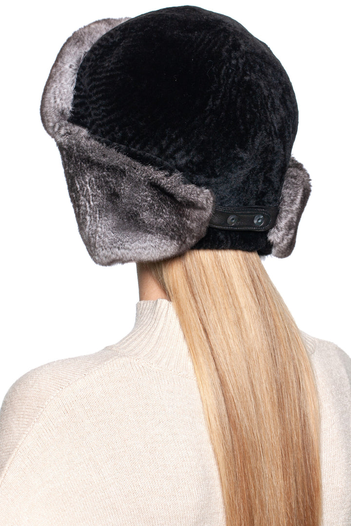 Classic Black Ushanka Hat with Lamb and Rabbit Fur