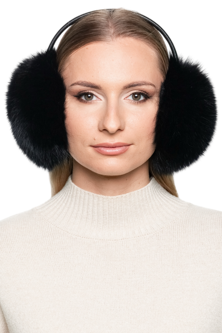 Front view of large black fox fur earmuffs, luxury handmade fluffy ear warmers for cold winter days.