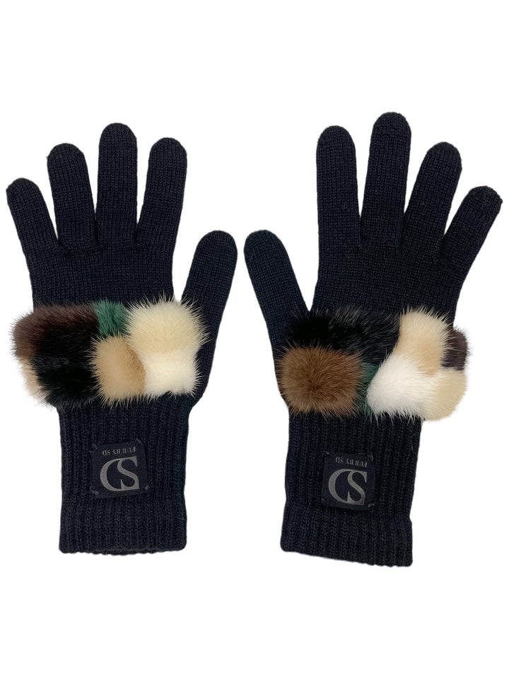 a pair of black merino wool fingered gloves with checkered mink fur details by FurbySD