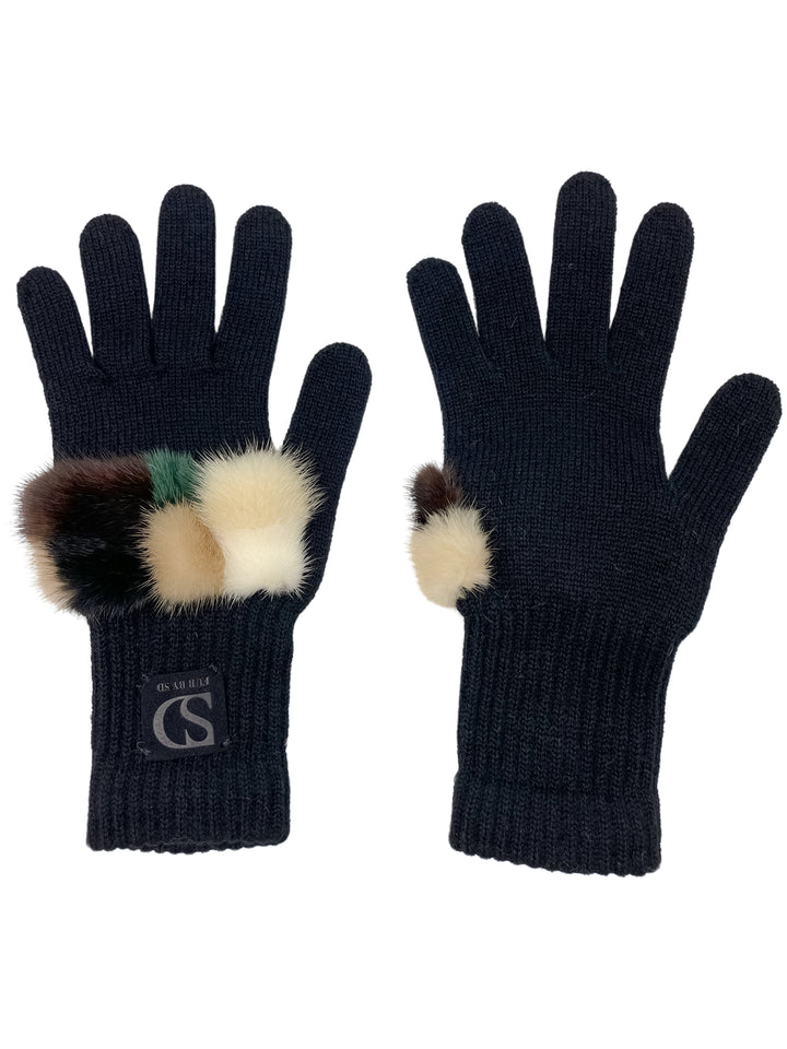 a pair of black wool gloves with mink fur on them