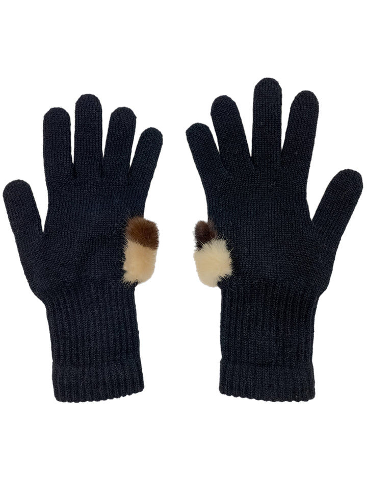 a pair of black fingered gloves with checkered mink fur on them
